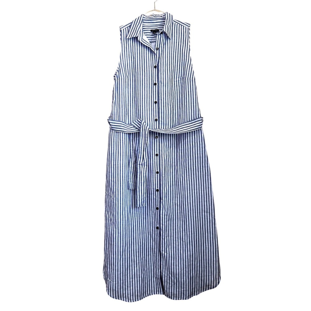 Ann Taylor Shirt Dress 8 Tall Blue White Striped Linen Cotton Maxi